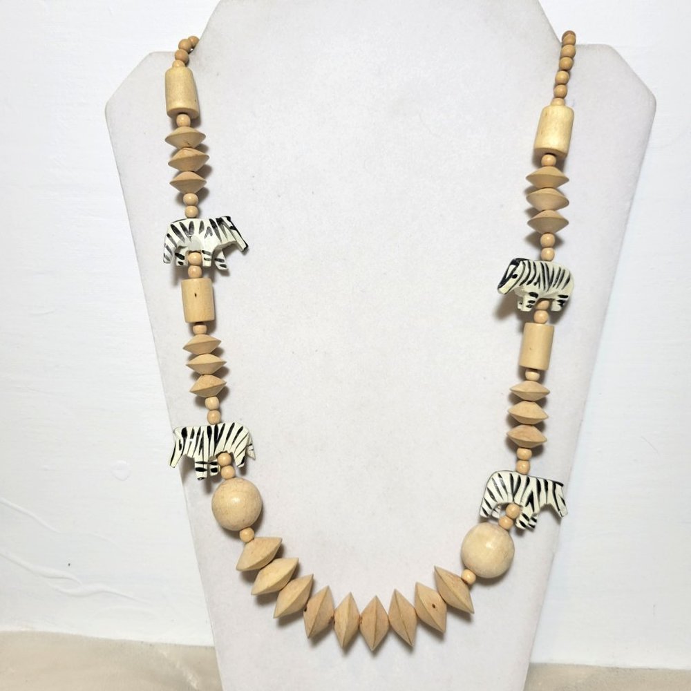 Vintage Genuine Carved Wood Wildlife Zebra Animals Safari Statement Necklace